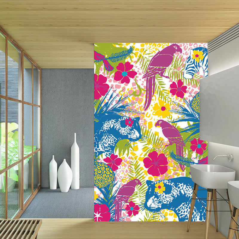 Modern Flower Field Animals Mural Rose Red-Blue-Green Stain Resistant Wall Art for Home