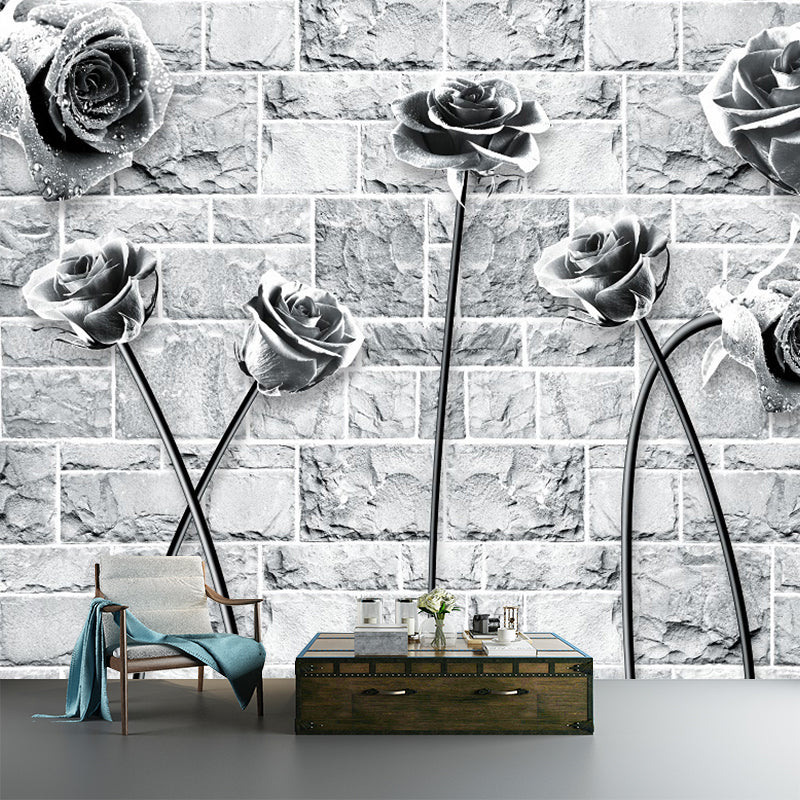 Rose and Brick Wallpaper Mural Black-White Contemporary Wall Covering for Bedroom