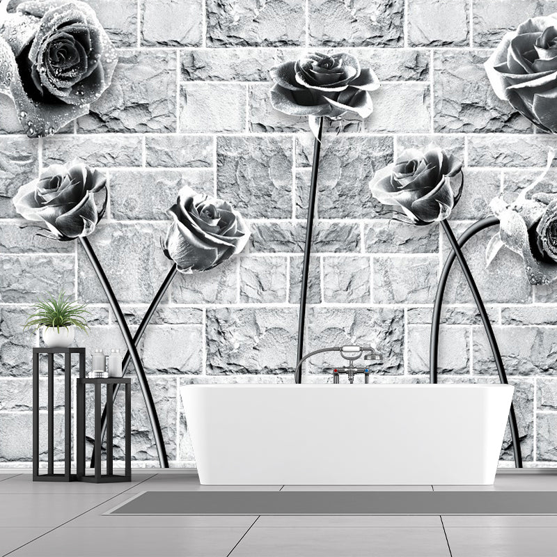 Rose and Brick Wallpaper Mural Black-White Contemporary Wall Covering for Bedroom