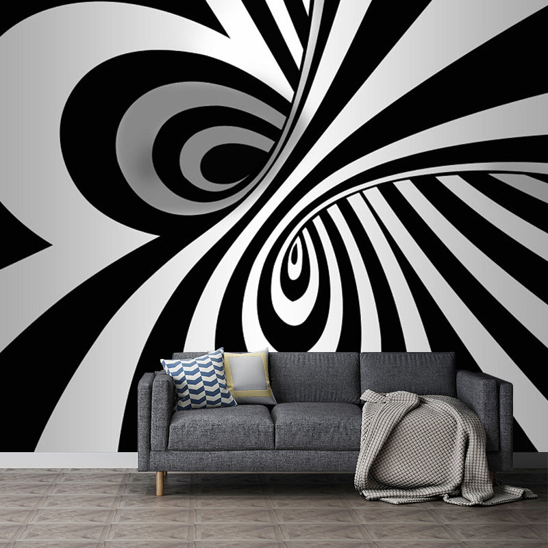 Modern Zebra Print Murals Wallpaper Black-White Spiral Wall Covering for Living Room