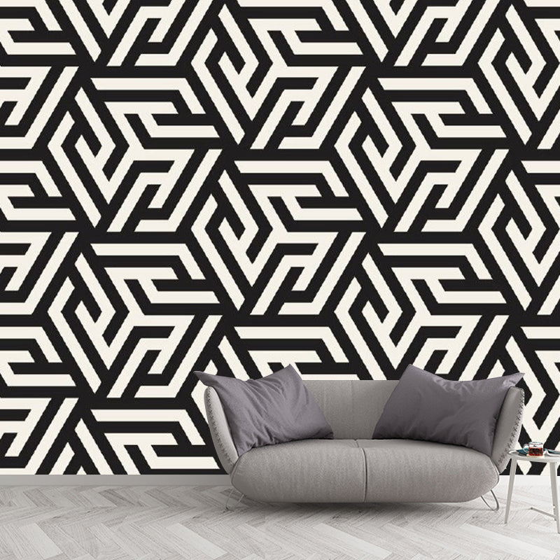 Geometry Maze Mural Wallpaper Modern Style Non-Woven Wall Decor in Black and White