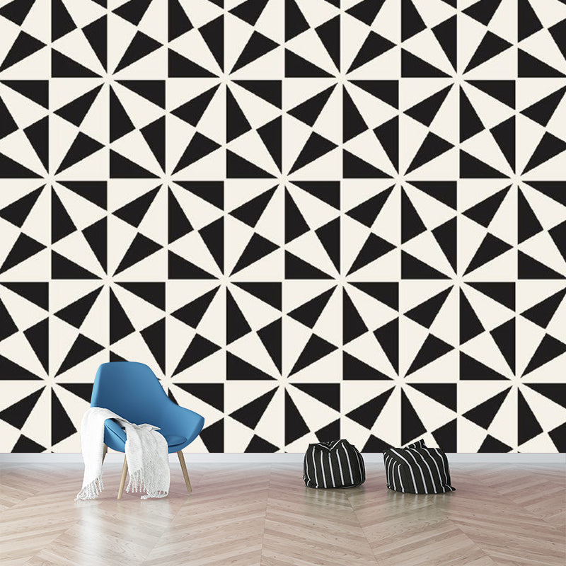 Contemporary Triangle Mural Wallpaper Black-White Floral Print Wall Decoration for Bedroom