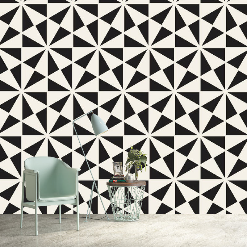 Contemporary Triangle Mural Wallpaper Black-White Floral Print Wall Decoration for Bedroom