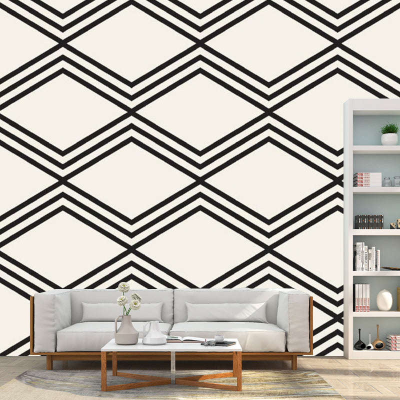 Large Rhombus Seamless Pattern Murals Minimalistic Geometry Wall Art in Black-White
