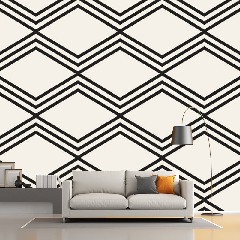 Large Rhombus Seamless Pattern Murals Minimalistic Geometry Wall Art in Black-White