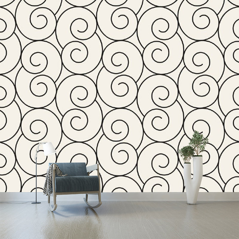 Minimalist Spiral Seamless Wall Murals in Black-White Stain Resistant Wall Decor for Bedroom