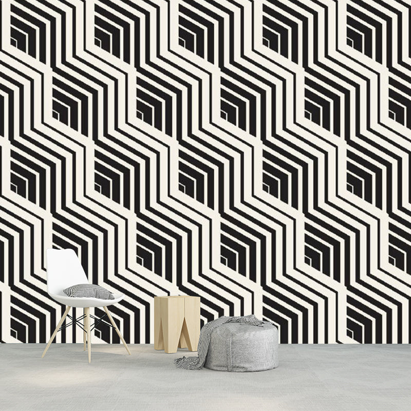 Black-White Modern Art Mural Wallpaper Whole Diagonal Chevron Pattern Wall Decor for Home