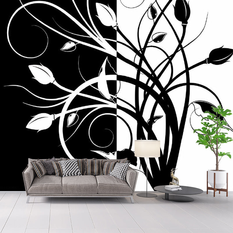 Swirled Flower Buds Mural Wallpaper Black-White Minimalistic Wall Art for Bedroom