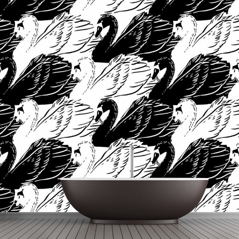 Black-White Swan Wall Murals Decal Stain-Resistant Wall Covering for Living Room