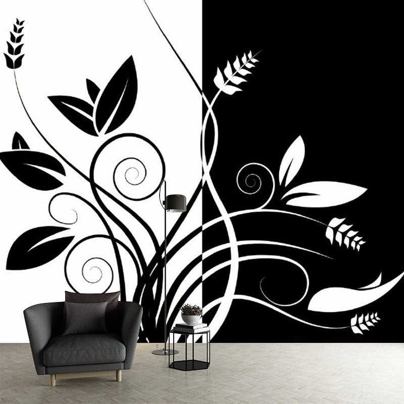 Black-White Floral Wallpaper Mural Stain-Proof Minimalist Bedroom Wall Decoration