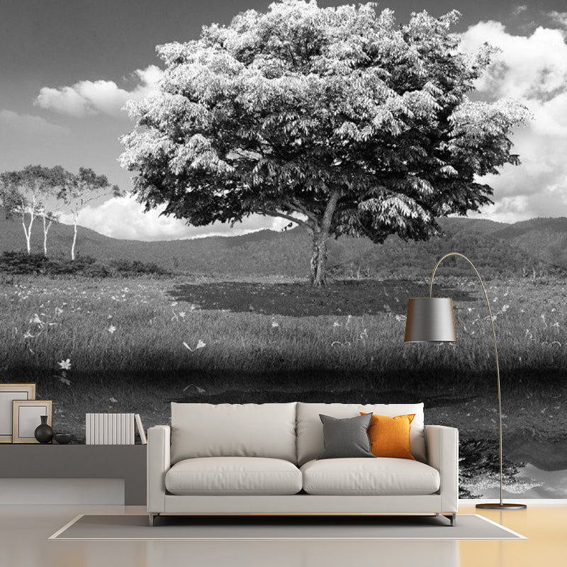 Illustration Lakeside Tree Wall Murals Whole Wall Art for Living Room, Personalized Size