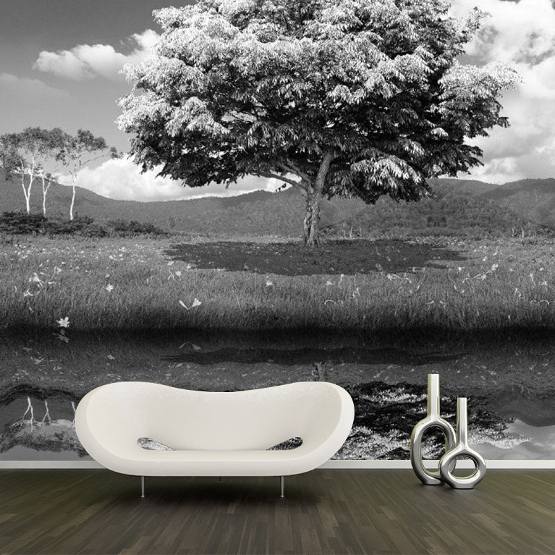 Illustration Lakeside Tree Wall Murals Whole Wall Art for Living Room, Personalized Size