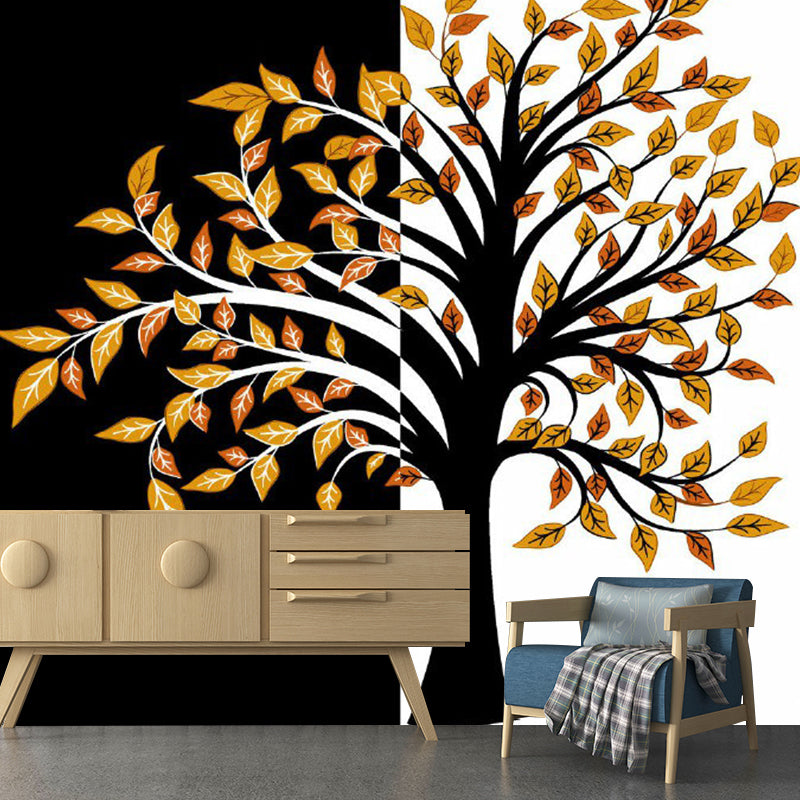Art Deco Fall Tree Mural Decals Orange-Black Waterproof Wall Covering for Living Room