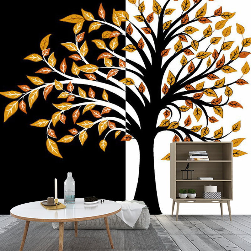 Art Deco Fall Tree Mural Decals Orange-Black Waterproof Wall Covering for Living Room