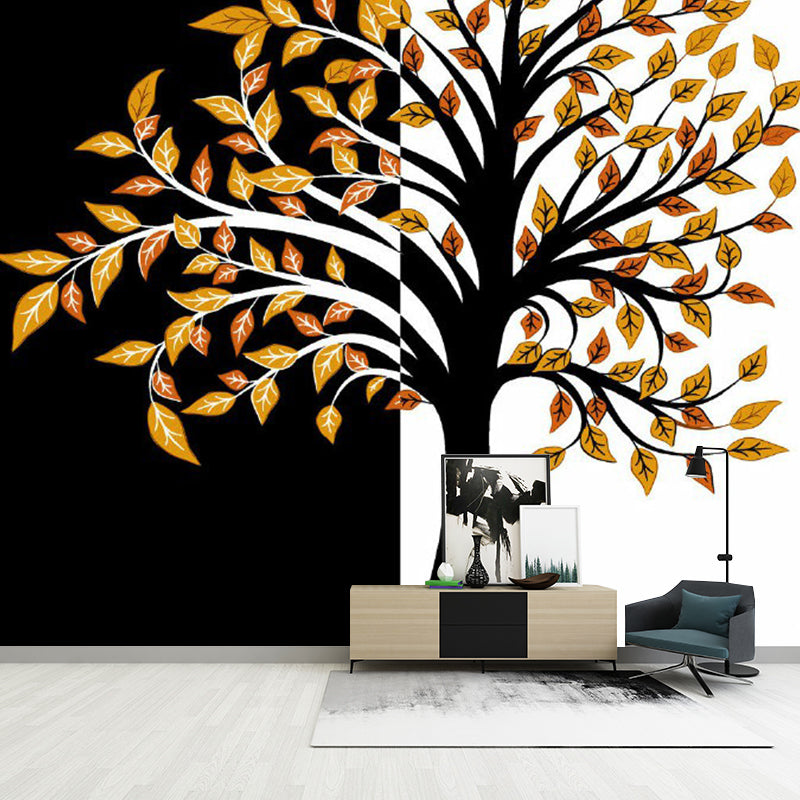 Art Deco Fall Tree Mural Decals Orange-Black Waterproof Wall Covering for Living Room