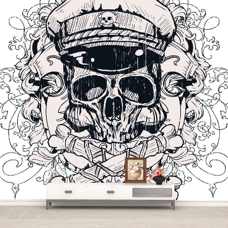 Novelty Pirate Skull Wall Murals for Bedroom Custom Size Wall Covering in Black-White