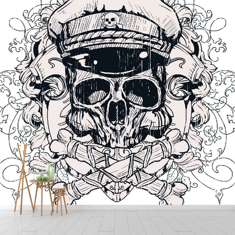 Novelty Pirate Skull Wall Murals for Bedroom Custom Size Wall Covering in Black-White
