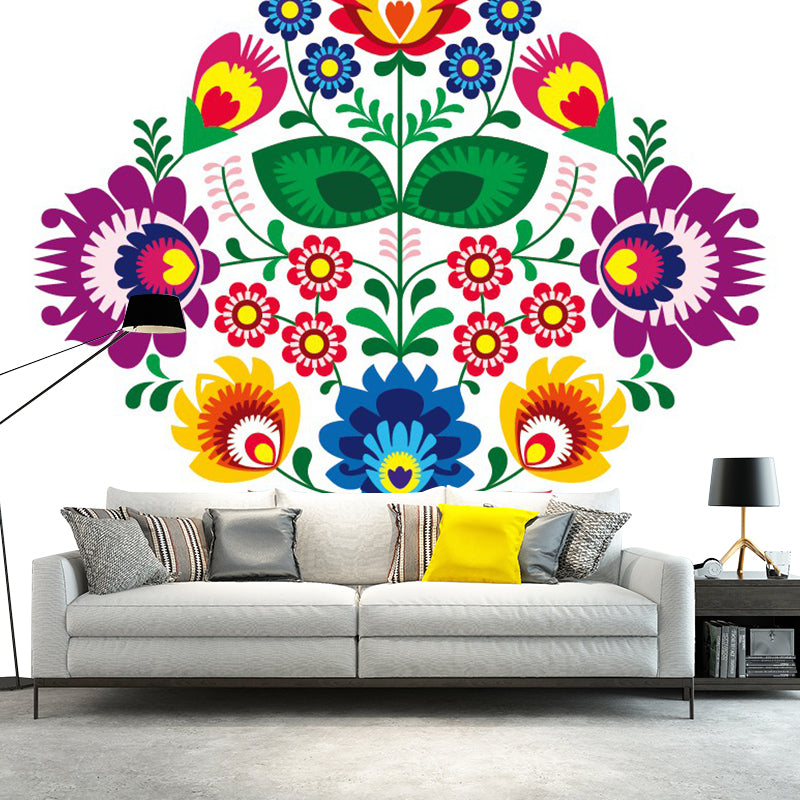 Boho Symmetric Flower Wall Murals for Home Decoration Custom Wall Art in Red-Yellow-Blue-Green
