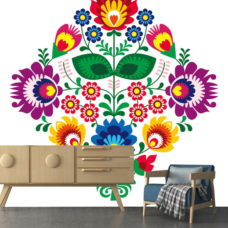 Boho Symmetric Flower Wall Murals for Home Decoration Custom Wall Art in Red-Yellow-Blue-Green