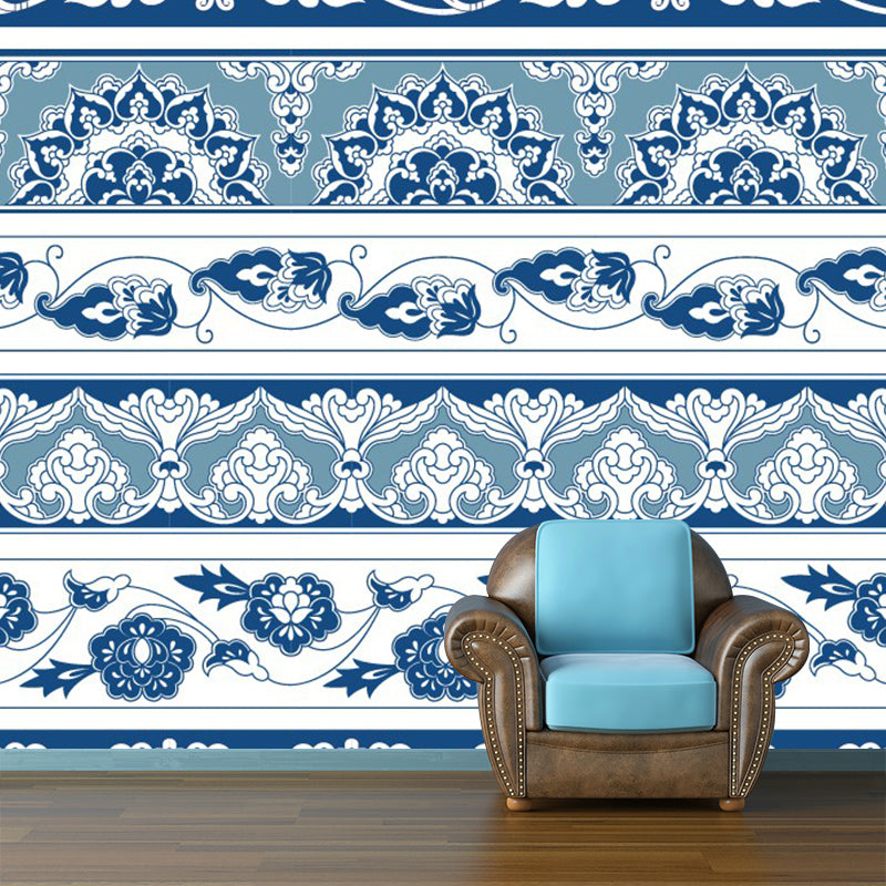 Blue Floral Pattern Wallpaper Mural Abstract Boho Stain Resistant Wall Covering for Home