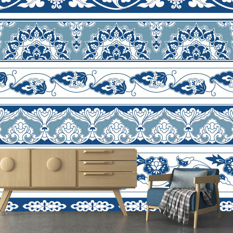 Blue Floral Pattern Wallpaper Mural Abstract Boho Stain Resistant Wall Covering for Home