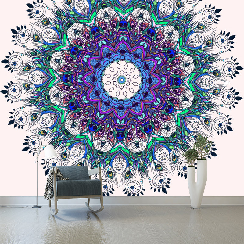 Illustration Peacock Feather Mural Decal for Living Room, Purple-Blue, Custom Size Available