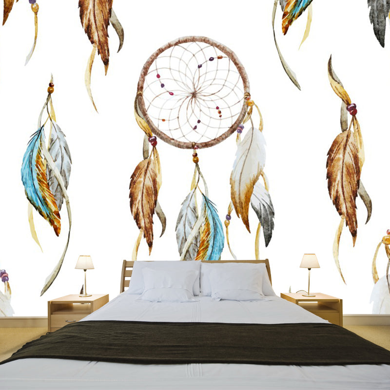 Bohemian Feather Wall Covering Mural Non-Woven Moisture Resistant Brown Wall Art for Bedroom