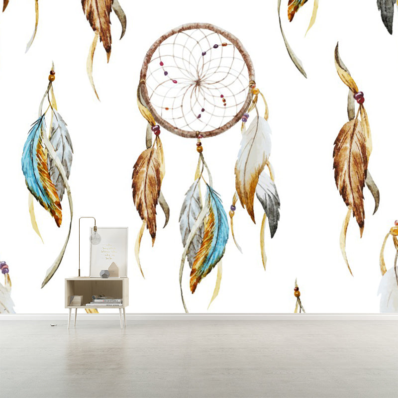 Bohemian Feather Wall Covering Mural Non-Woven Moisture Resistant Brown Wall Art for Bedroom
