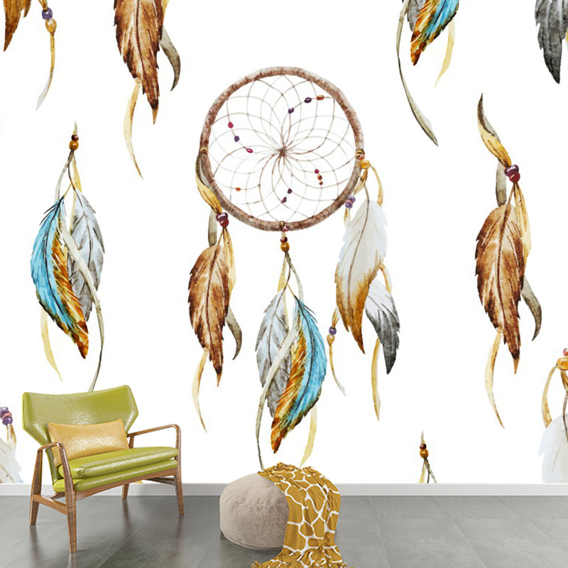 Bohemian Feather Wall Covering Mural Non-Woven Moisture Resistant Brown Wall Art for Bedroom