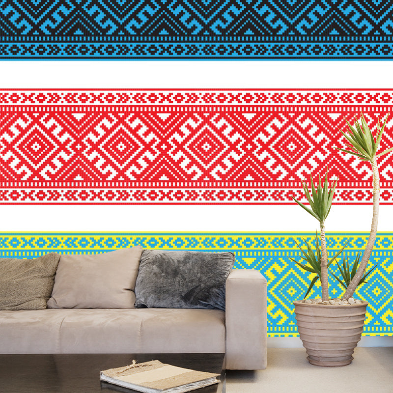 Boho Chic Seamless Belt Mural Wallpaper for Living Room Customized Wall Decor in Red-Blue-Green