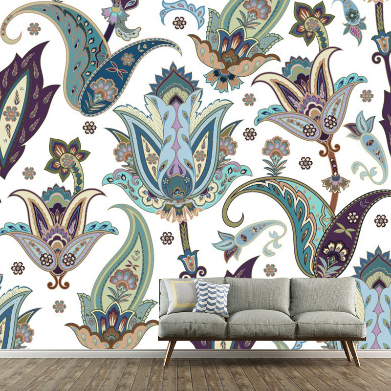 Blue-Green Bohemian Murals Full Size Paisley Flower Pattern Wall Covering for Home
