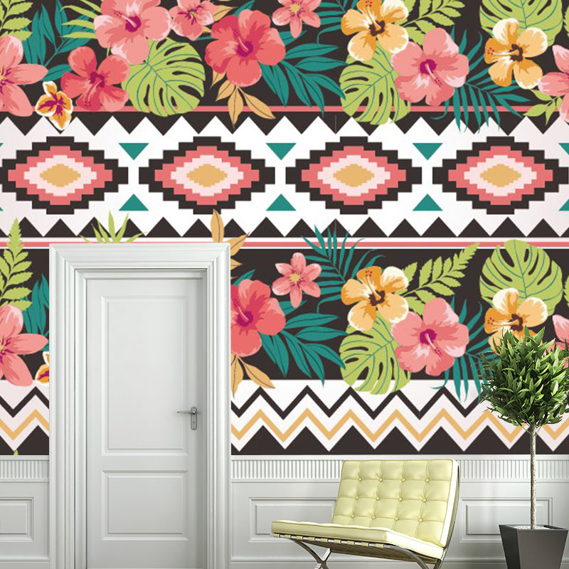 Whole Flower Print Wallpaper Mural for Bedroom Geometry Wall Decor in Pink-Yellow-Green, Washable