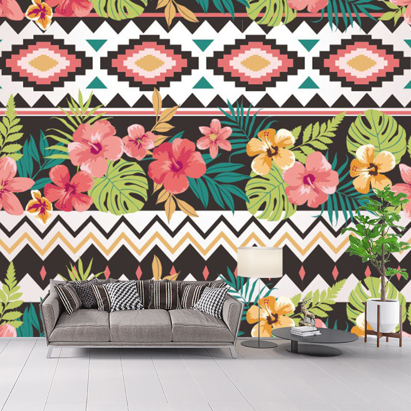 Whole Flower Print Wallpaper Mural for Bedroom Geometry Wall Decor in Pink-Yellow-Green, Washable