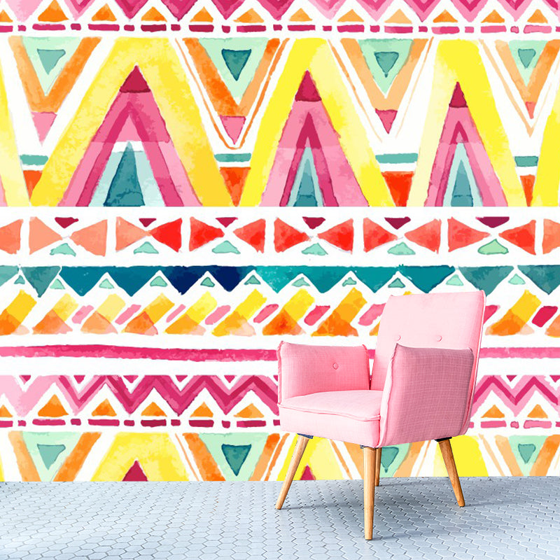 Pink-Yellow Zigzag Wall Murals Moisture Resistant Bohemia Living Room Wall Covering