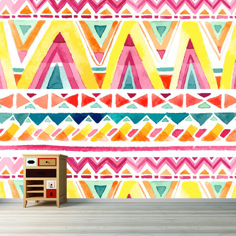 Pink-Yellow Zigzag Wall Murals Moisture Resistant Bohemia Living Room Wall Covering