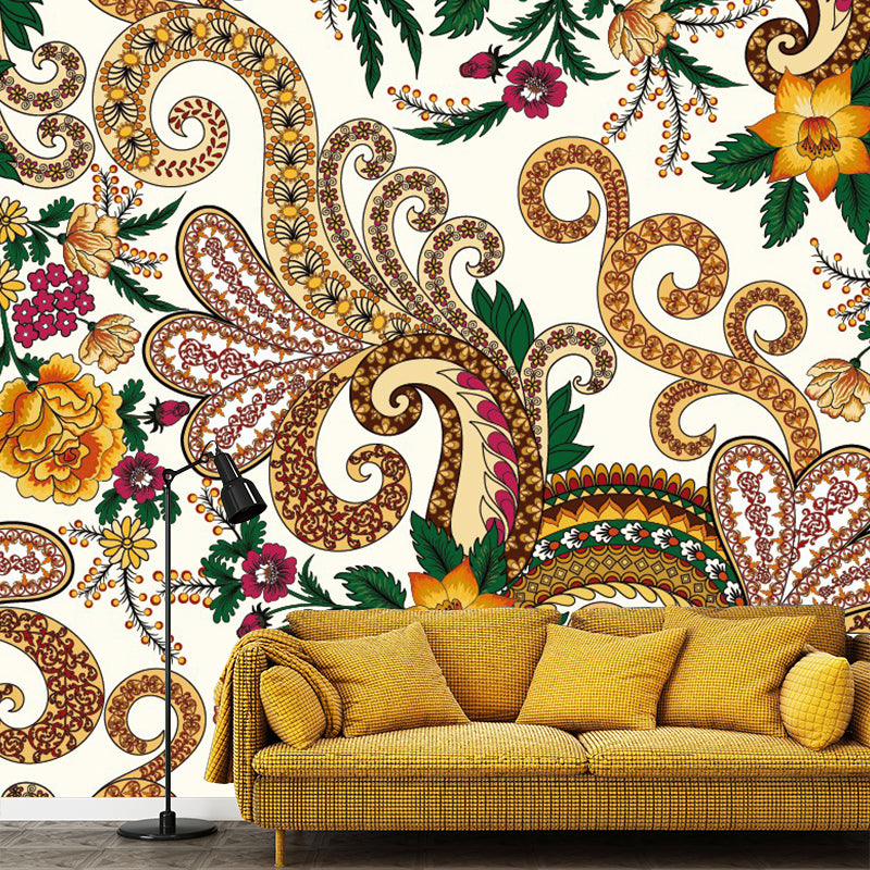 Boho Flower Swirling Wallpaper Murals Yellow-Brown Water Resistant Wall Decor for Home