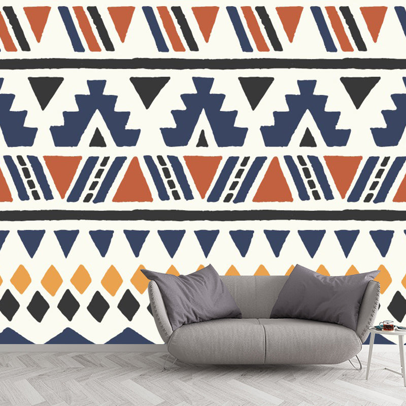 Non Woven Washable Murals Bohemian Seamless Patterned Wall Art in Blue-Orange-Yellow