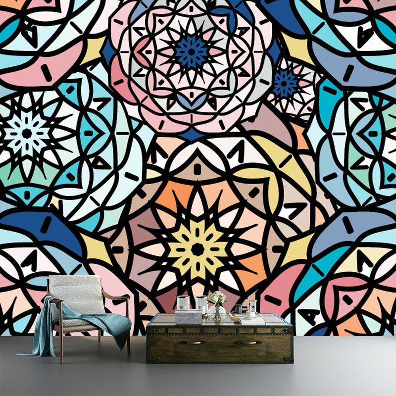 Pink-Blue Floral Layers Mural Decal Stain Resistant Boho Chic Bedroom Wall Decoration