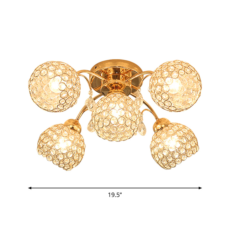 5 Heads Semi Flush Mount with Spherical Crystal Traditional Bedchamber Ceiling Mount