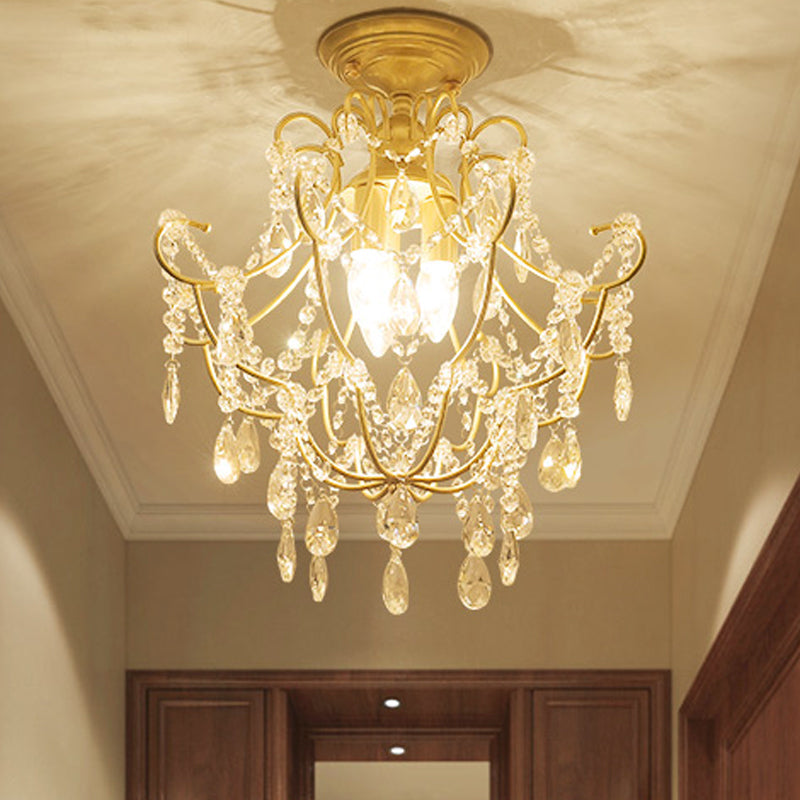 Gold Swooping Arm Semi Flush Light Contemporary Crystal Stands 3 Heads Porch Ceiling Flush