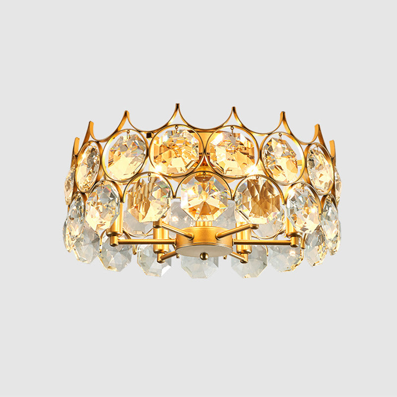 Crystal Gold Semi Flush Mount Light Crown 6 Heads Contemporary Ceiling Mounted Fixture