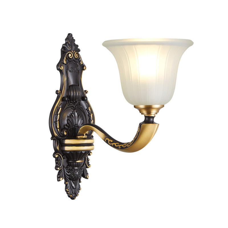 1/2-Bulb Bell Wall Mount Light Vintage Black and Gold Frosted White Glass Sconce for Bedroom