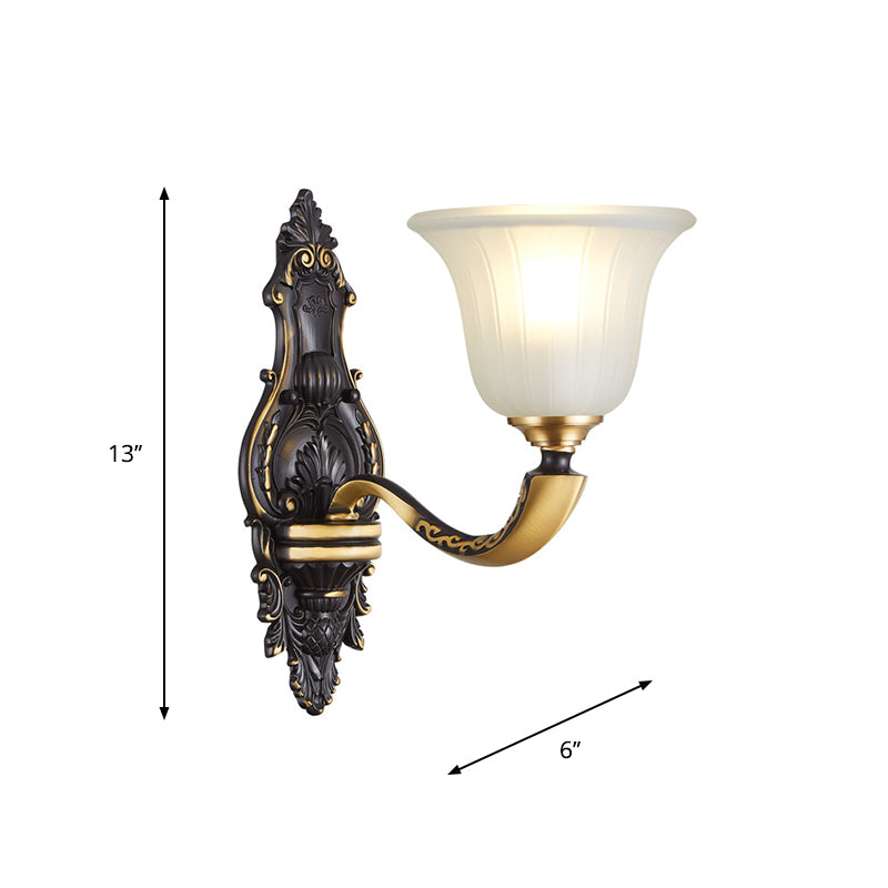 1/2-Bulb Bell Wall Mount Light Vintage Black and Gold Frosted White Glass Sconce for Bedroom