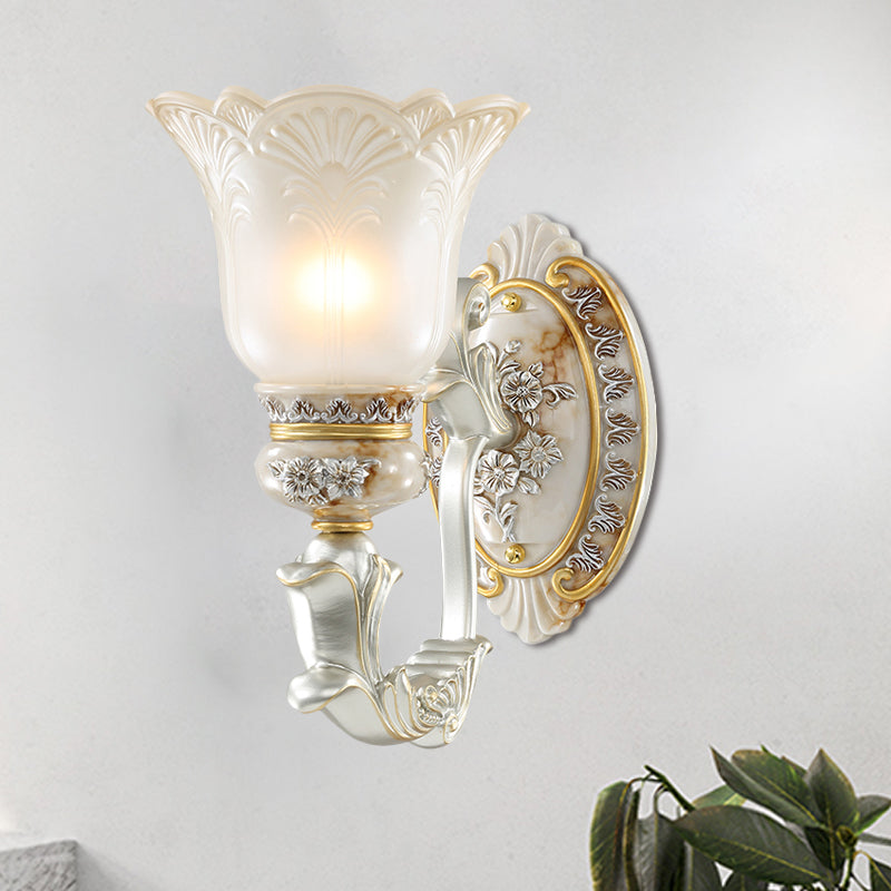 White-Gold Floral Wall Lamp Kit Retro Style Frosted Glass 1/2-Head Living Room Sconce Light