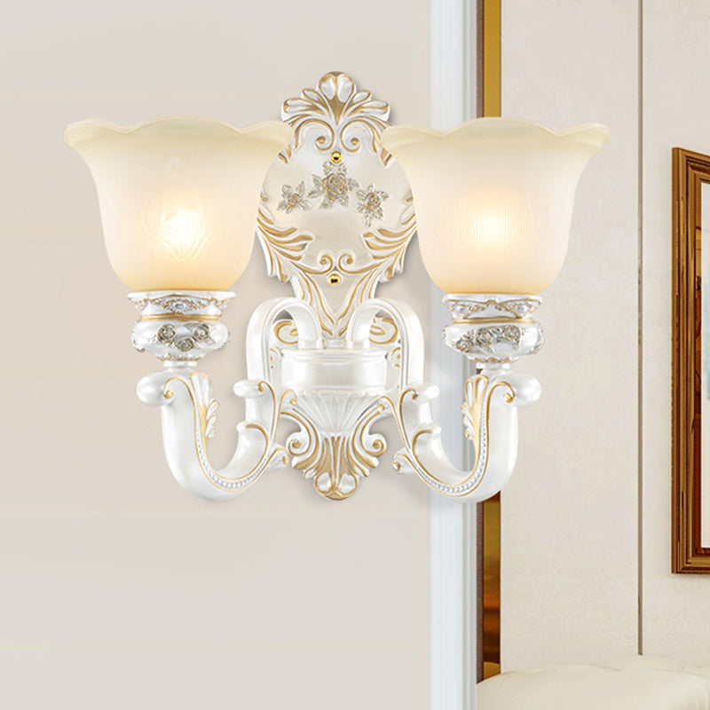 1/2-Bulb Scalloped-Trim Bell Wall Light Traditional White-Gold Frosted Glass Wall Mount Lighting