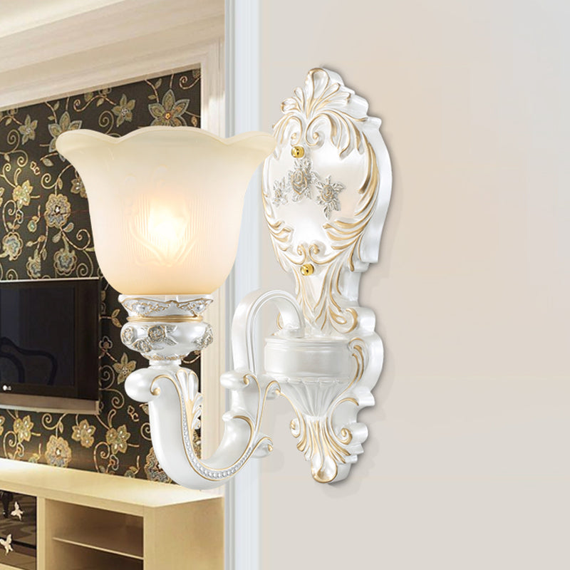 1/2-Bulb Scalloped-Trim Bell Wall Light Traditional White-Gold Frosted Glass Wall Mount Lighting