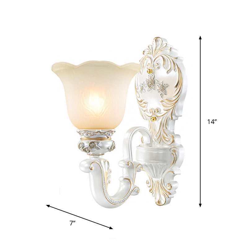 1/2-Bulb Scalloped-Trim Bell Wall Light Traditional White-Gold Frosted Glass Wall Mount Lighting