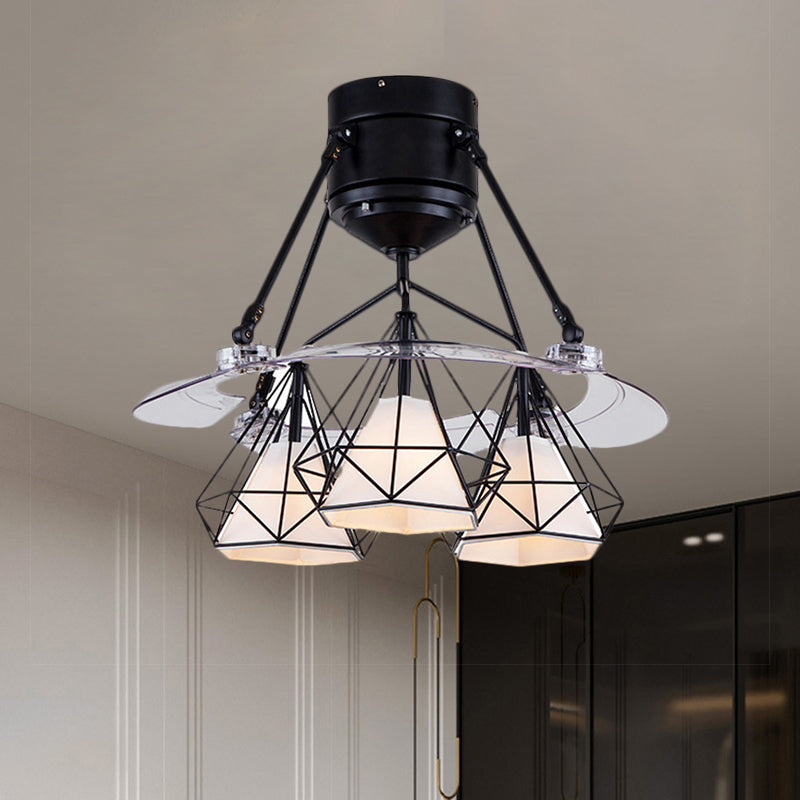 Telaio diamantato in metallo semifulto minimalismo a 3 luci a 3 luci/bianco/verde illuminazione a ventola a soffitto a 4 lame per camera da letto, largo 48 "