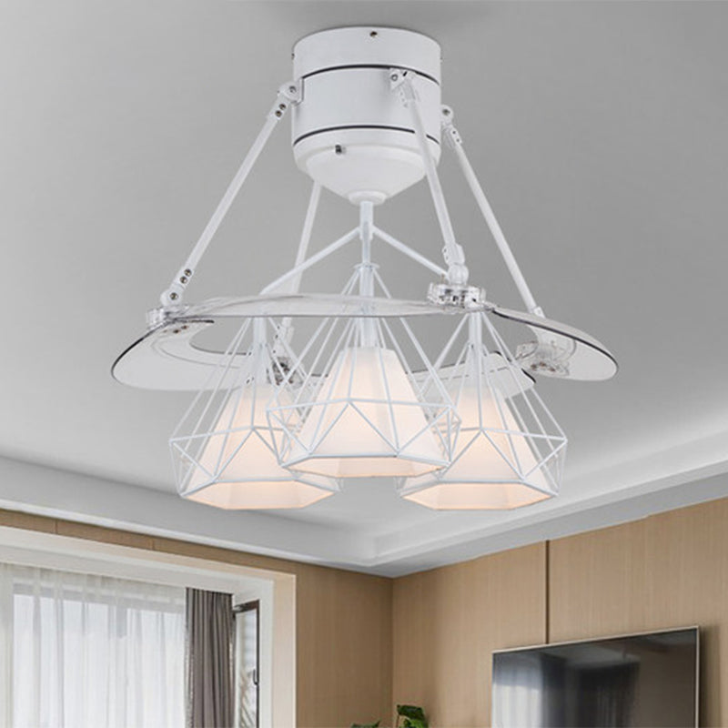 Telaio diamantato in metallo semifulto minimalismo a 3 luci a 3 luci/bianco/verde illuminazione a ventola a soffitto a 4 lame per camera da letto, largo 48 "