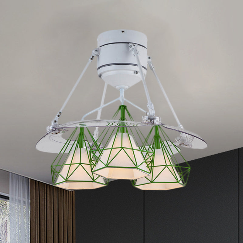 Telaio diamantato in metallo semifulto minimalismo a 3 luci a 3 luci/bianco/verde illuminazione a ventola a soffitto a 4 lame per camera da letto, largo 48 "